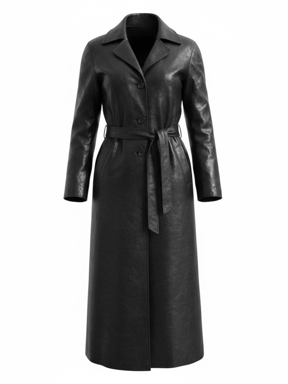 Women's Black Leather Trench Coat with Belt